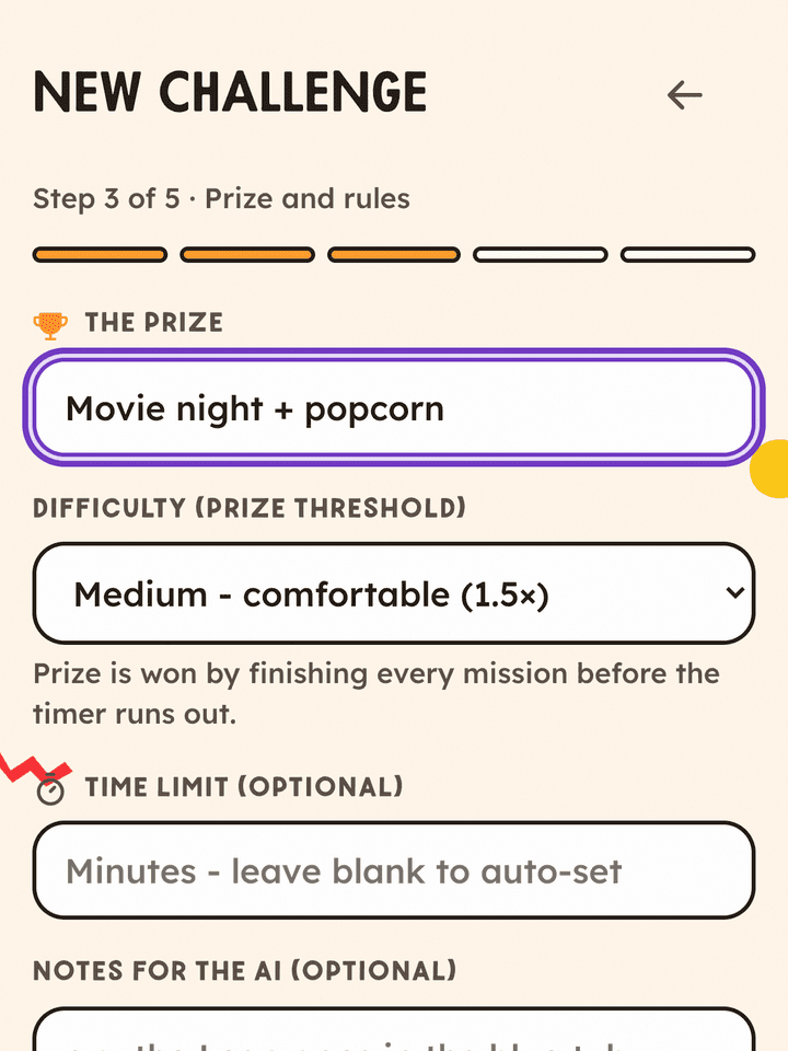 Prize and difficulty setup screen