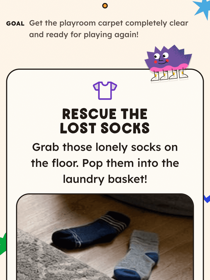 Kid mission screen: Rescue the lost socks, with a photo crop of the exact spot
