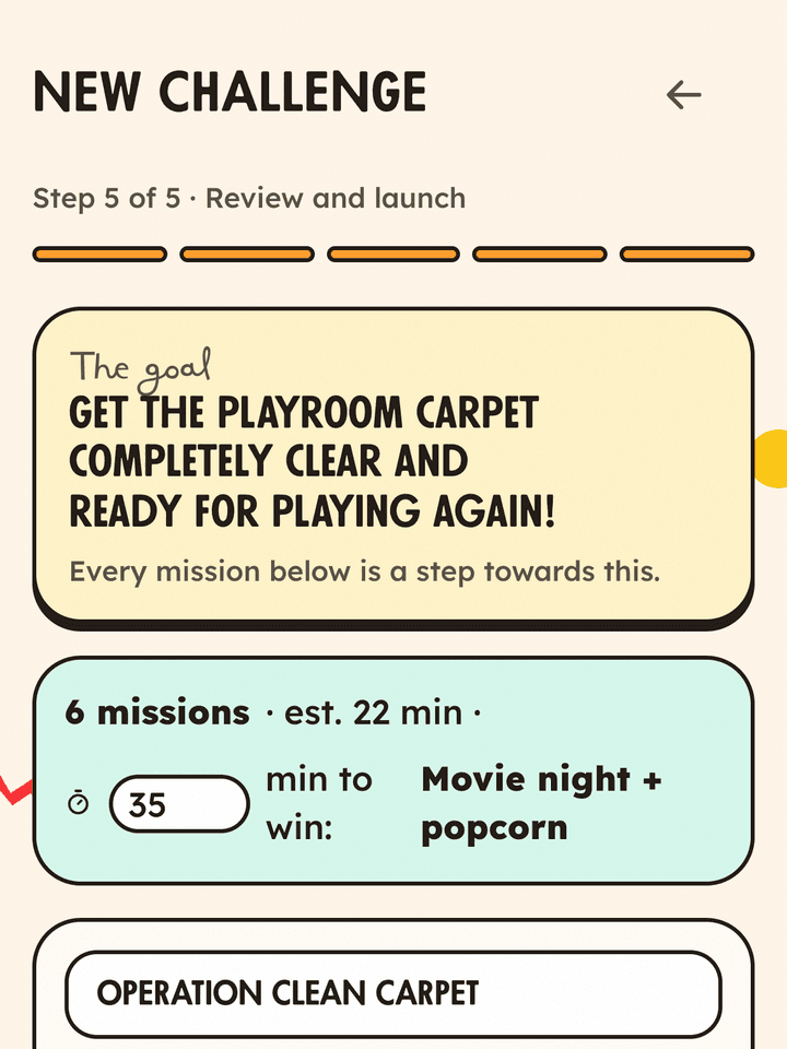 Review screen: six missions the AI found in one playroom photo, with the prize and time to win
